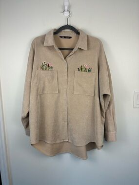 Zara Oversized Button Down Shirt Hand Embroidered Florals